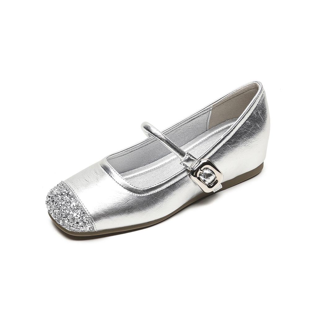 Туфли Мэри Джейн Weiwei Girl 865-5 с французской квадратной головкой, плоская подошва, одно слово со светлым ртом, серебристая внутренняя часть, увеличивающая рост, одинарные женские туфли
