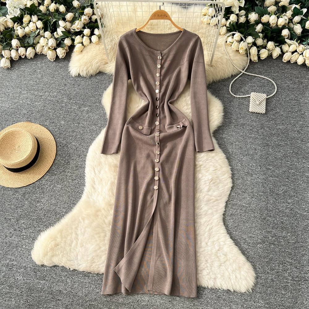 Осень Зима Женские Повседневные Платья Пуловеры Миди Длины с Круглым Вырезом и Полным Рукавом