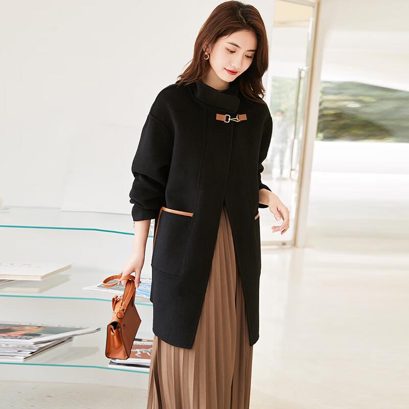 VICTORIA&VERA Women's Winter Leather Buckle Double-Faced Wool Coat