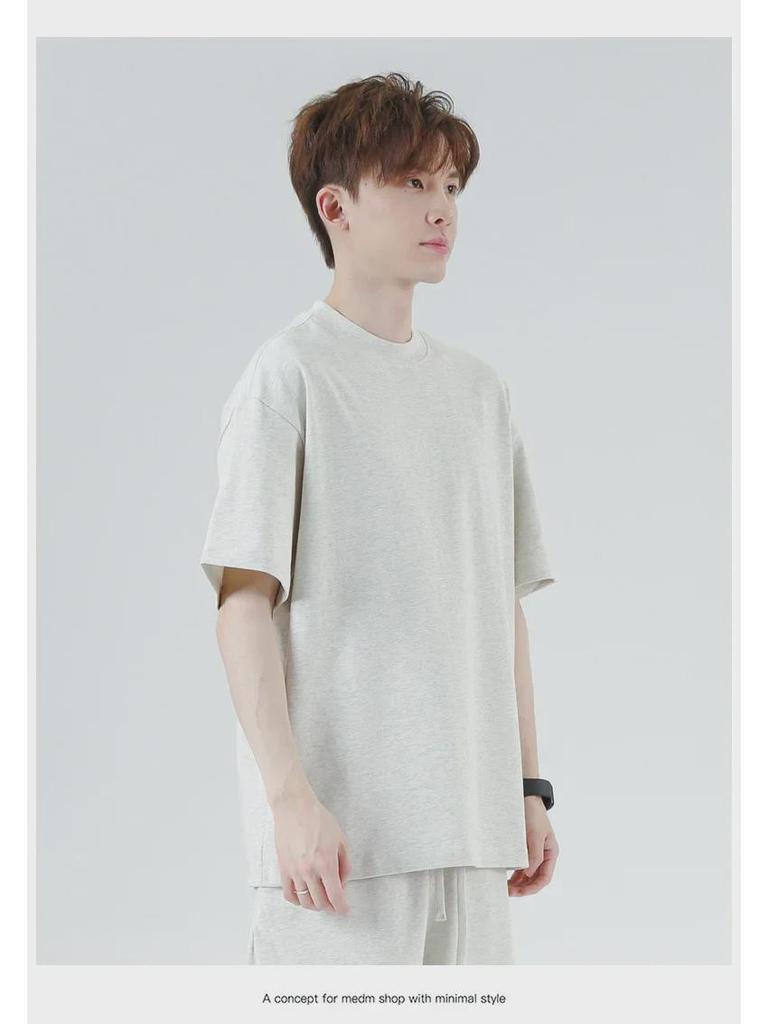 Мужская футболка High Street Trendy из японского плотного хлопка, 275 г, короткие рукава, свободный крой, небольшой воротник, однотонный цвет.