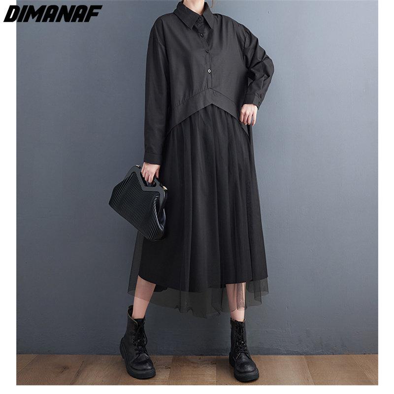Dimanaf New Autumn Style Women Shirt Dress Black Patchwork Mesh Fashion Loose Dress 2022 Long Cardigan