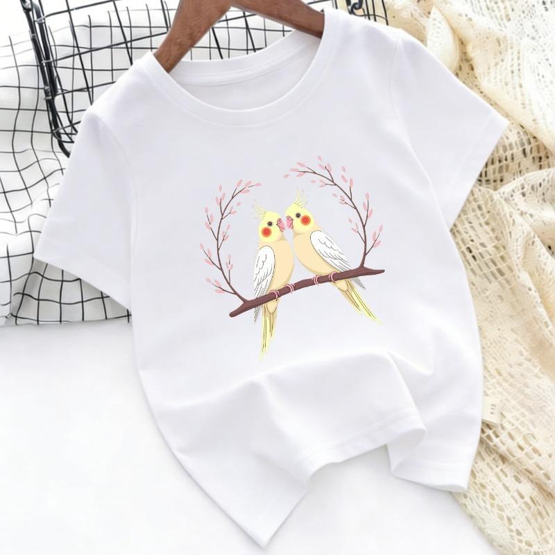 Cute Parrot Print Kids' T-Shirt for Boys and Girls, New Spring/Summer Style, Round Neck Cartoon Bird Top