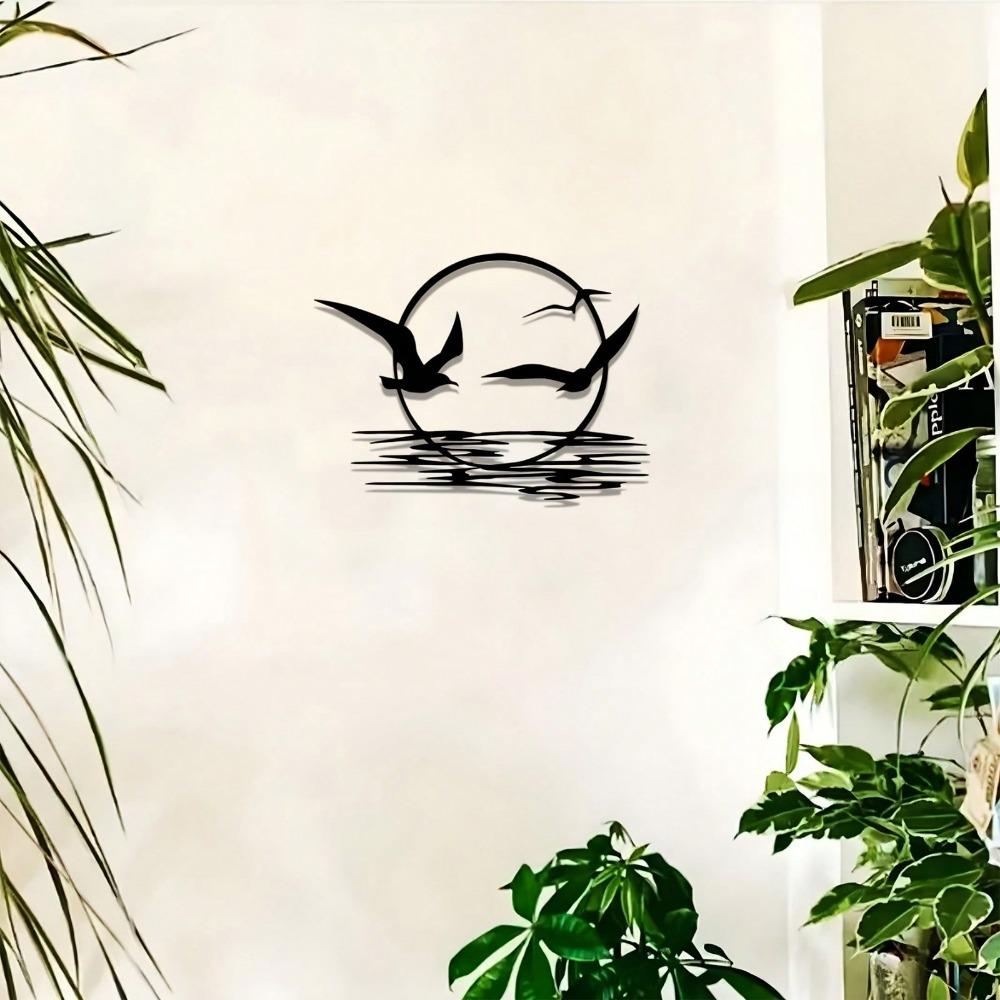 2D Flat Iron Sunrise And Seagulls Metal Wall Art. It Features A Circular Silhouette Design, Suiting Living Rooms, Bedrooms, Dining Areas, And Offices.