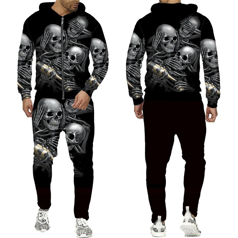 Cool Skull 3D Printed Black Zipper Hoodie Pants Suit Gothic Punk Style Men Women Tracksuit Set 2023 Halloween Streetwear Costume