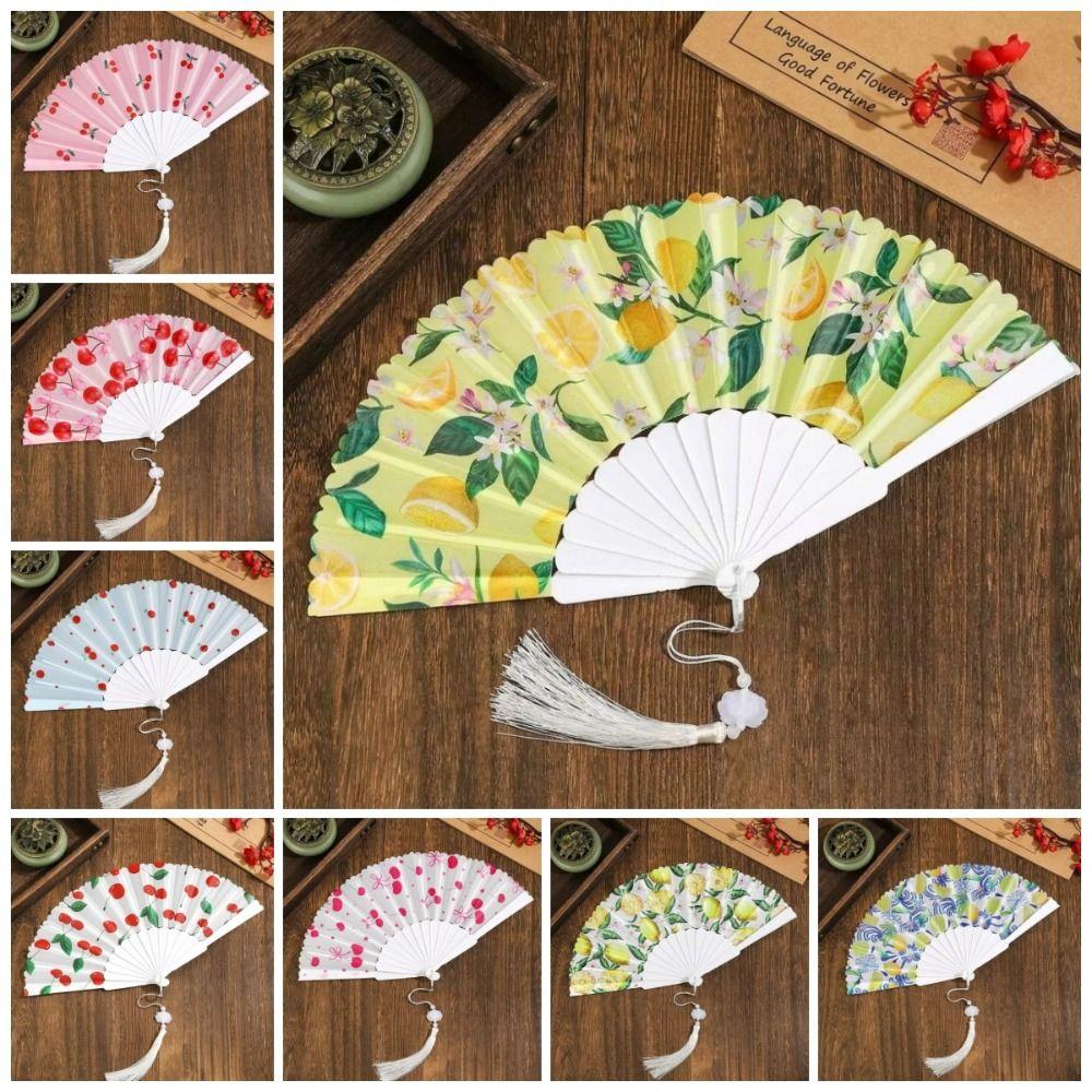 Fruit Pattern Handheld Fan Lemon Design Portable Fan Casual Fabric Tassel Fan Women