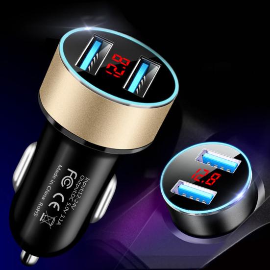 Автомобильное зарядное устройство 3.1A, двойной USB-порт, быстрая зарядка, адаптер для мобильного телефона из алюминиевого сплава с ЖК-дисплеем для телефона