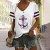 Fashion Anchor Print V-neck Striped Short-sleeved Summer Trend T-shirt Casual Loose Women's Top