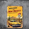 Винтажное металлическое настенное искусство Route 66  Добро пожаловать в Нью-Мексико Дорожный знак с пейзажем пустыни Классический автомобиль Рустикальный Желтый Красный D
