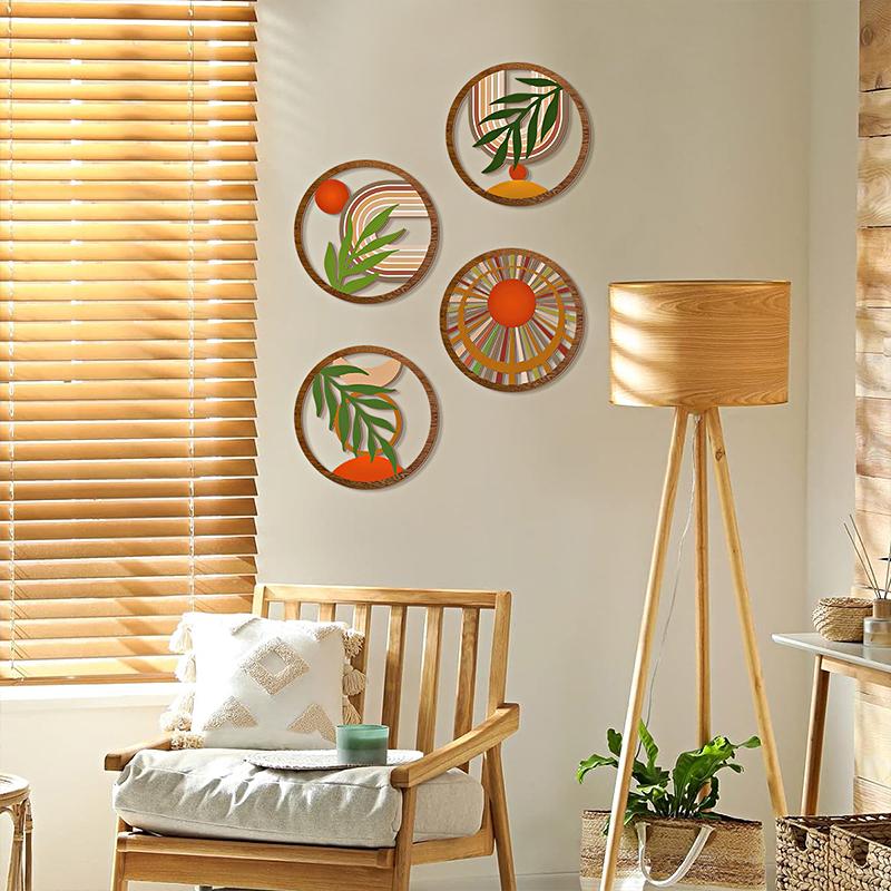4pcs/Set Wood Homestay Crafts Decorative Hollow Pattern Wall Hanging Circular Design Pendants Home Decoration