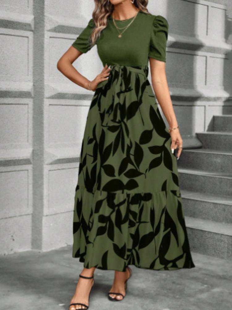 Платье с круглым вырезом и цветными блоками, женское платье с короткими рукавами и цветочным принтом, А-силуэта, осеннее элегантное платье для вечеринки, халат