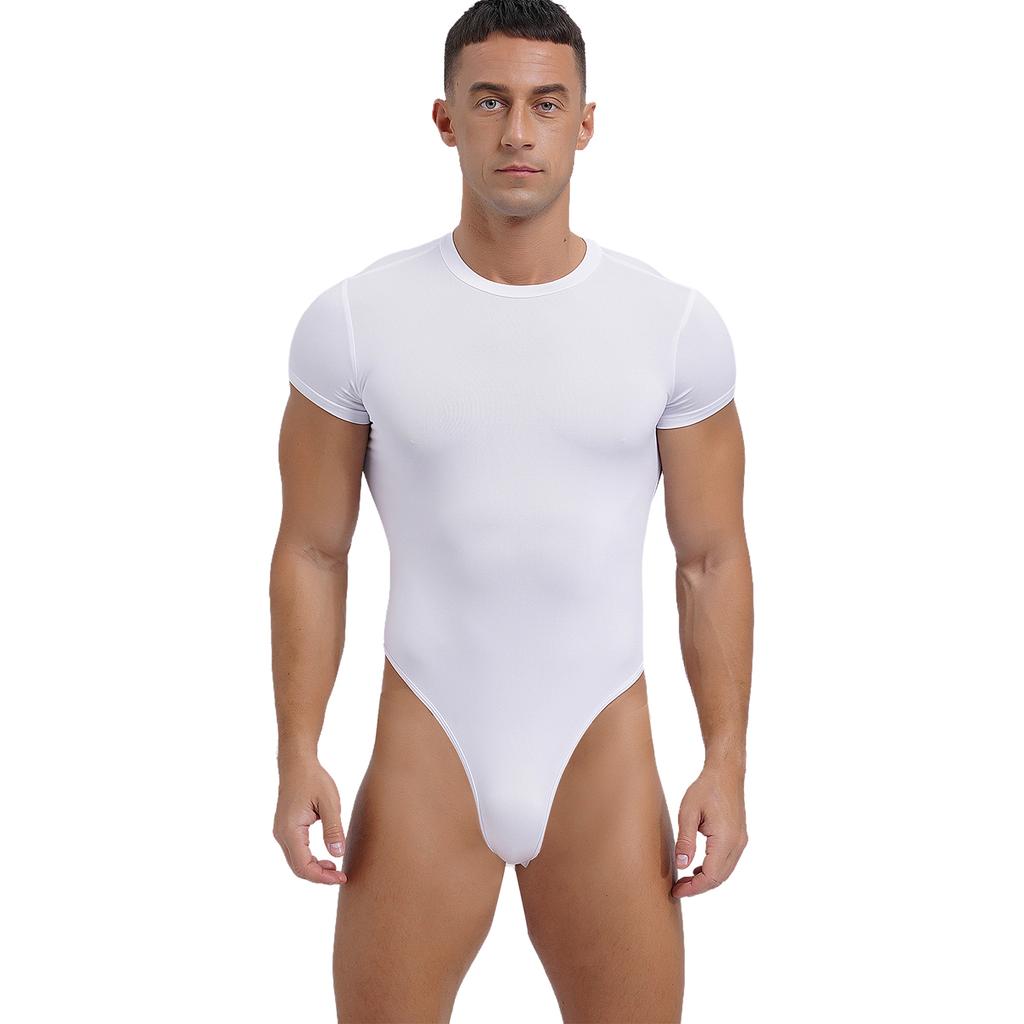 Men's One Piece Thongs Bodysuit Short Sleeve Button Crotch Shirt Leotard Snappies Rompers Jumpsuit