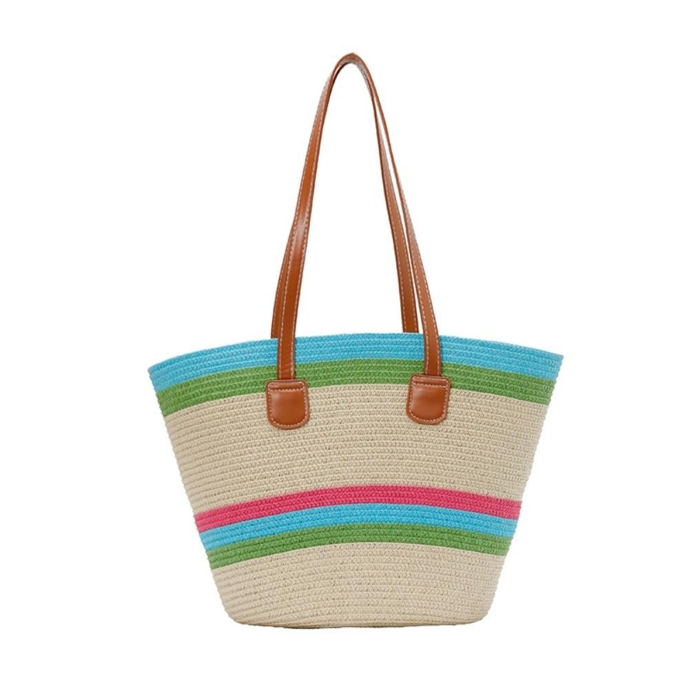 Large Capacity Shopping Straw Bag Polyester Summer Beach Handbag Stripe Woven Tote Bag Female