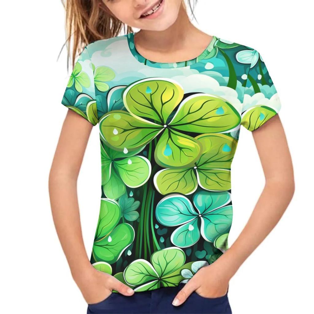 Детская футболка с 3D-принтом, детская футболка с коротким рукавом, свободный топ для девочек, 3D футболка с изображением свежего клевера