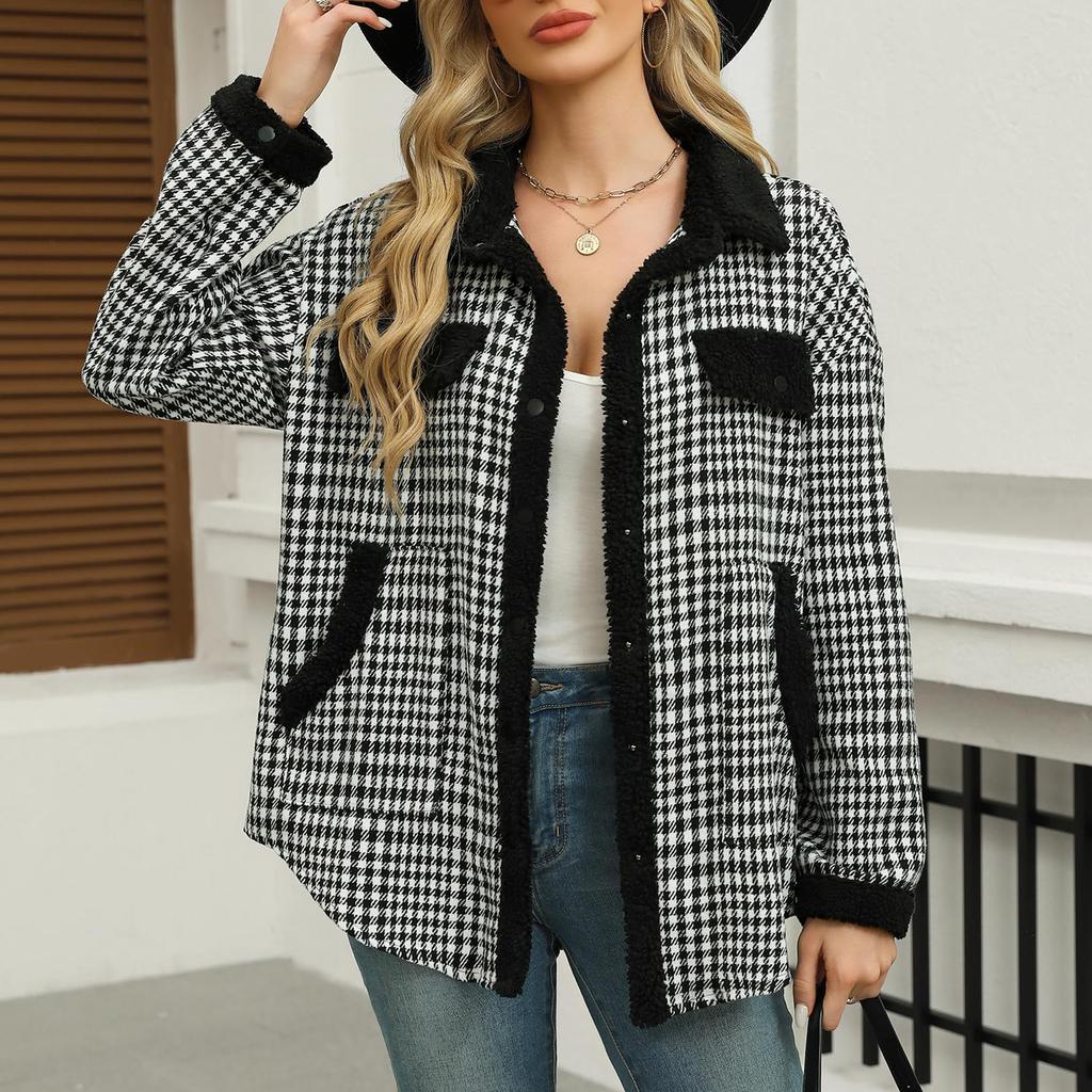 Женская мода свободный цвет клетчатый карман повседневный лацкан плюшевая куртка пальто