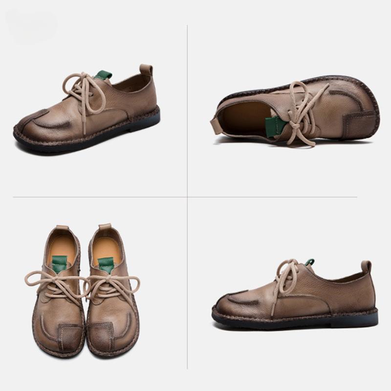 Johnature Genuine Leather Soft Sole Women's Shoes Vintage Round Toe Lace-up Versatile Comfortable Flat Shoes