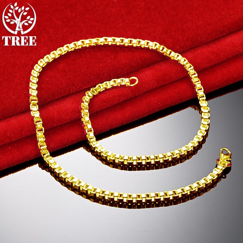 ALITREE 24K Yellow Gold Necklaces For Woman 4mm Square Grid Chain Lady Party Wedding Fashion Jewelry Birthday Christmas Gifts