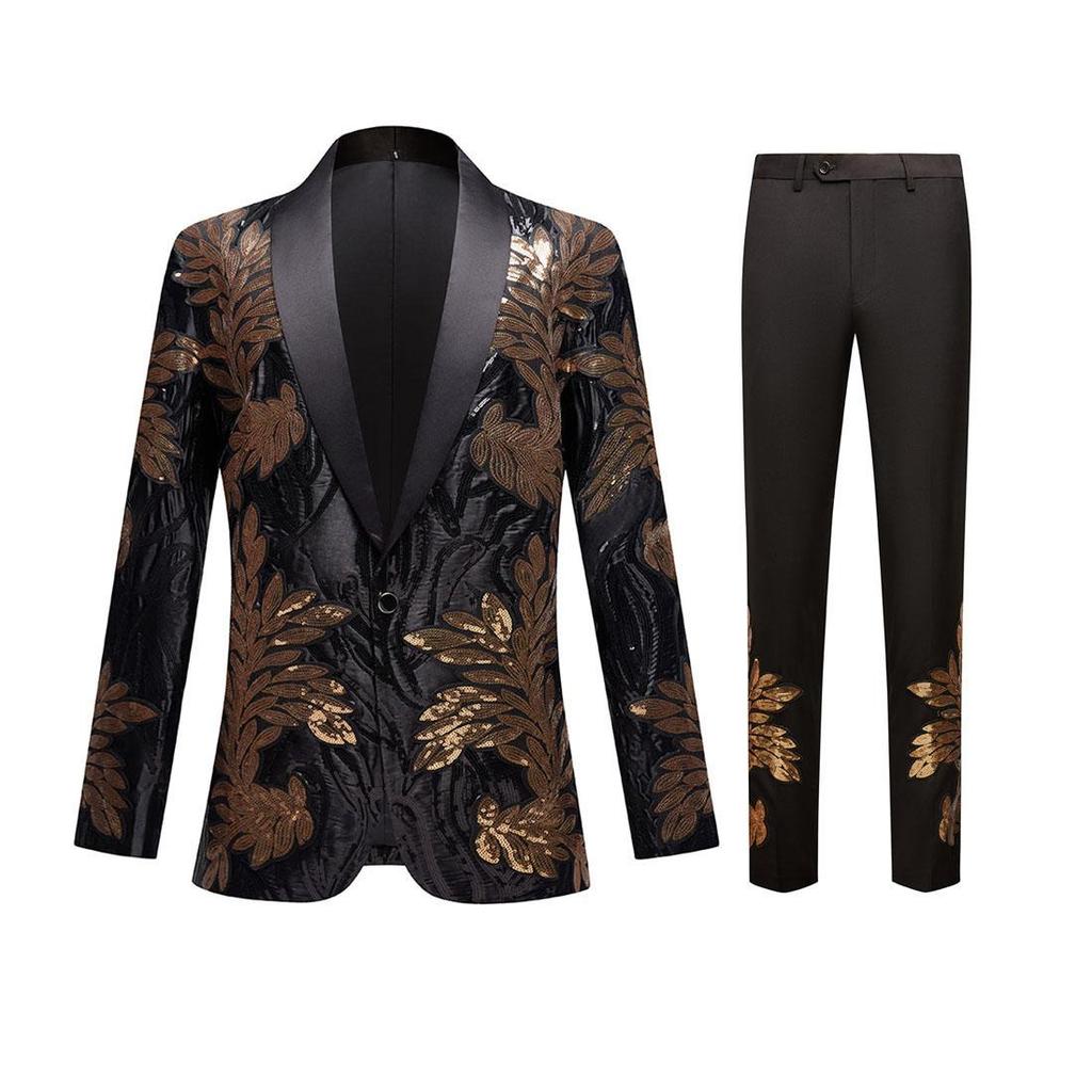 PYJTRL Mens Fashion Golden Decal Sequin Two-piece Suit (Jacket+Pant)
