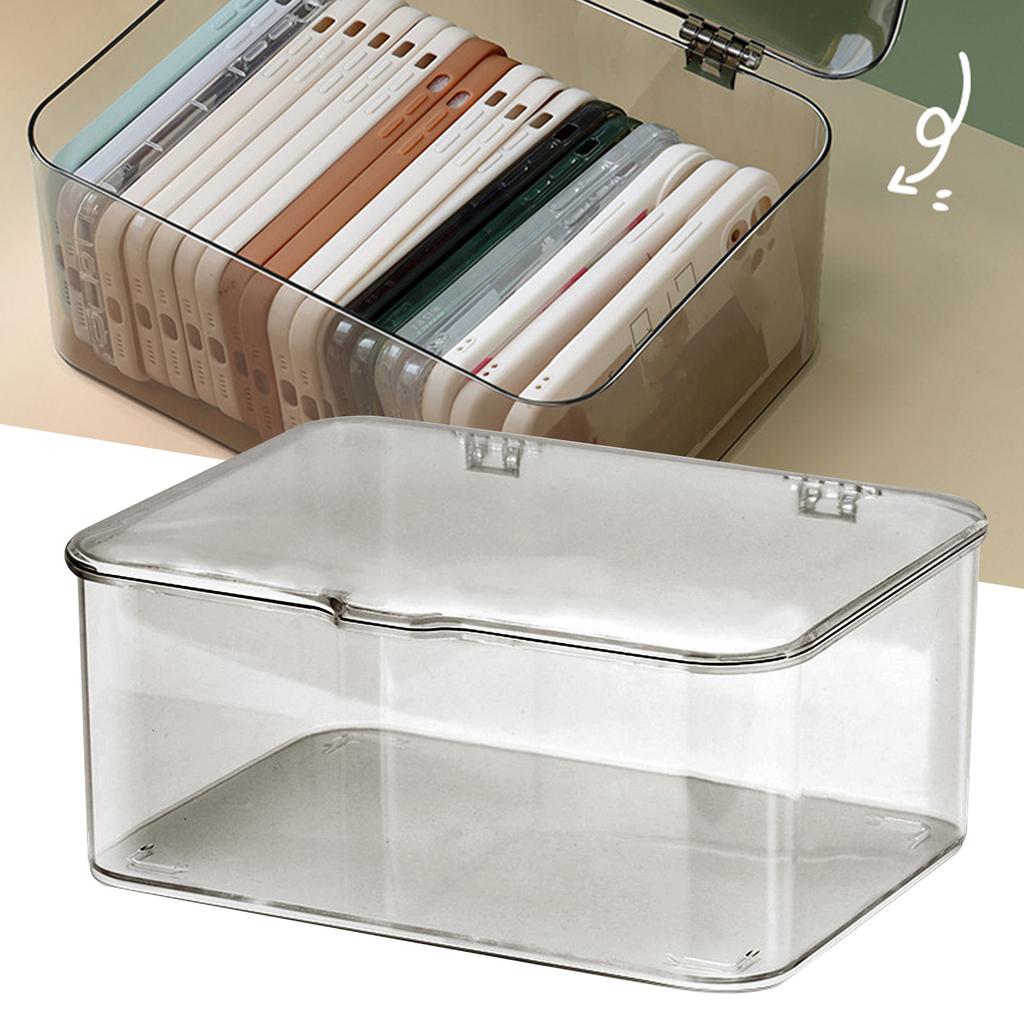 Desk Storage Box Plastic Large Capacity Dustproof Multi Functional Phone Case Storage Holder with Lid Light Gray