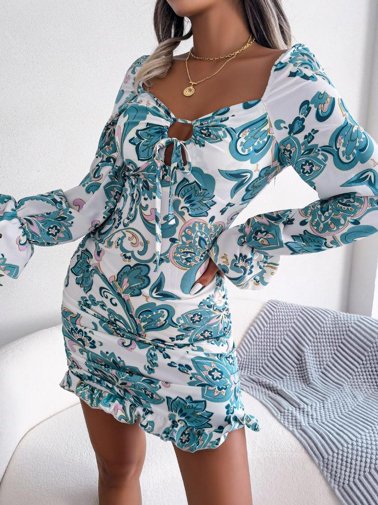Women's New High Waisted Sexy Dress In Autumn Long Sleeved Short Skirts Printing Temperament Bag Hip Dress