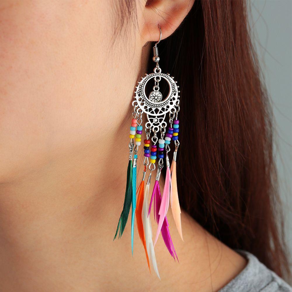 1Pair Vintage Ethnic Rainbow Beads Feather Dangle Drop Earrings For Women Female Boho Ear Jewelry Accessories