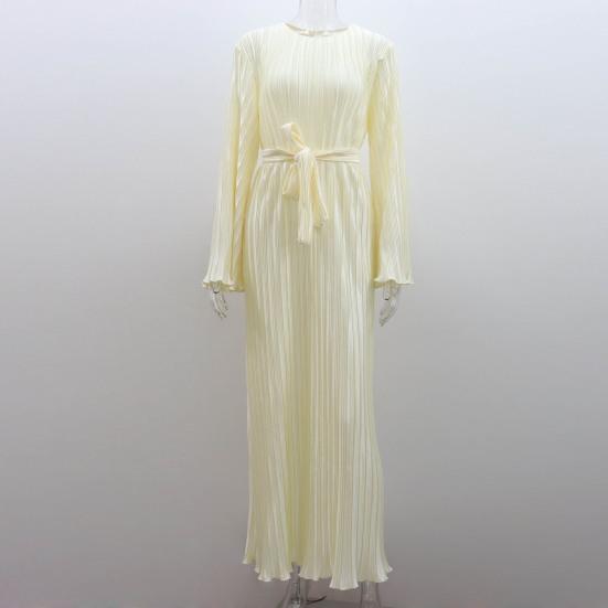 Осенне-весеннее женское платье с рукавами-колокольчиками, круглым вырезом, в полоску, плиссированное, однотонное, облегающее, со шнуровкой на ремне