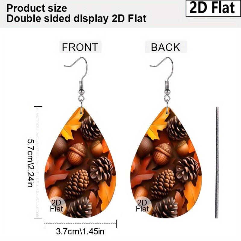 Autumn Thanksgiving/Christmas Gift Leather Women's Fashion Drop Earrings, Brown/Green Leaves Pinecone Patterned Design PU Earrings Jewelry for Wear