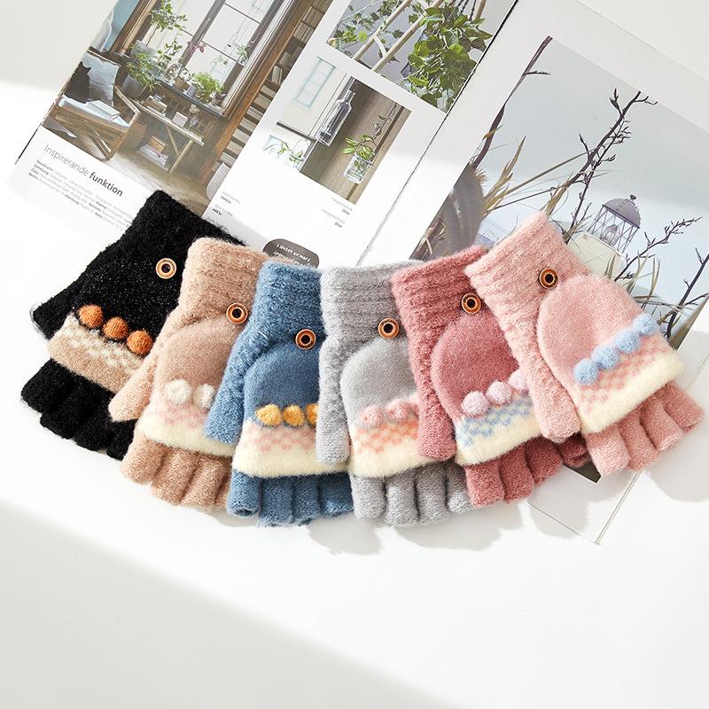 Новые зимние вязаные теплые перчатки для женских откидных перчаток с половинными пальцами, с открытыми пальцами для работы, милые шерстяные перчатки-пальчики 'Сахарные бобы'
