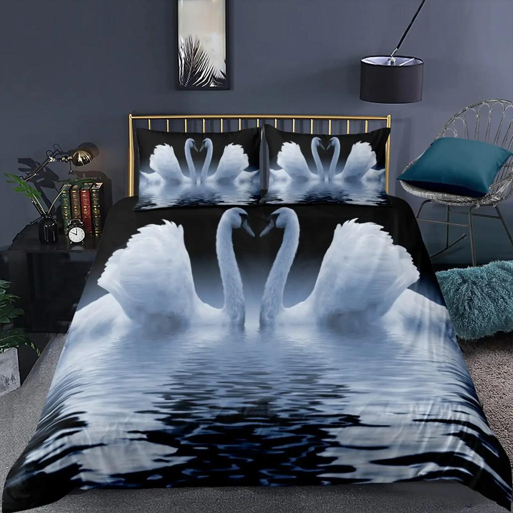 Swan Black And White Swan Comfortable Duvet Quilt Cover Pillowcase Bedding Set Children Bedroom Decoration Home Textile