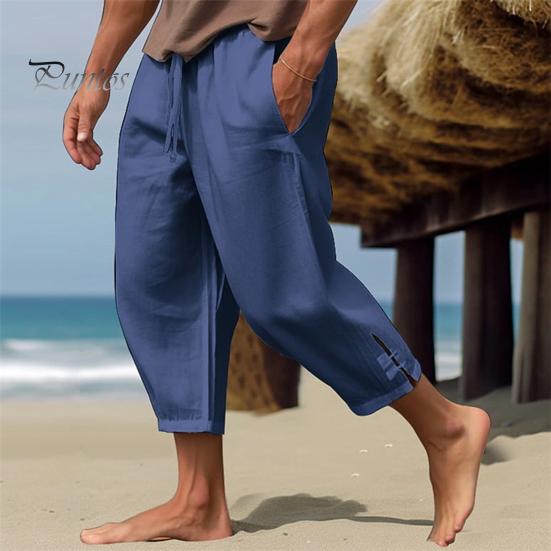 Men Cropped Pants Drawstring Elastic Waist Solid Color Loose Pockets Split Deep Crotch Soft Breathable Summer Vacation Beach