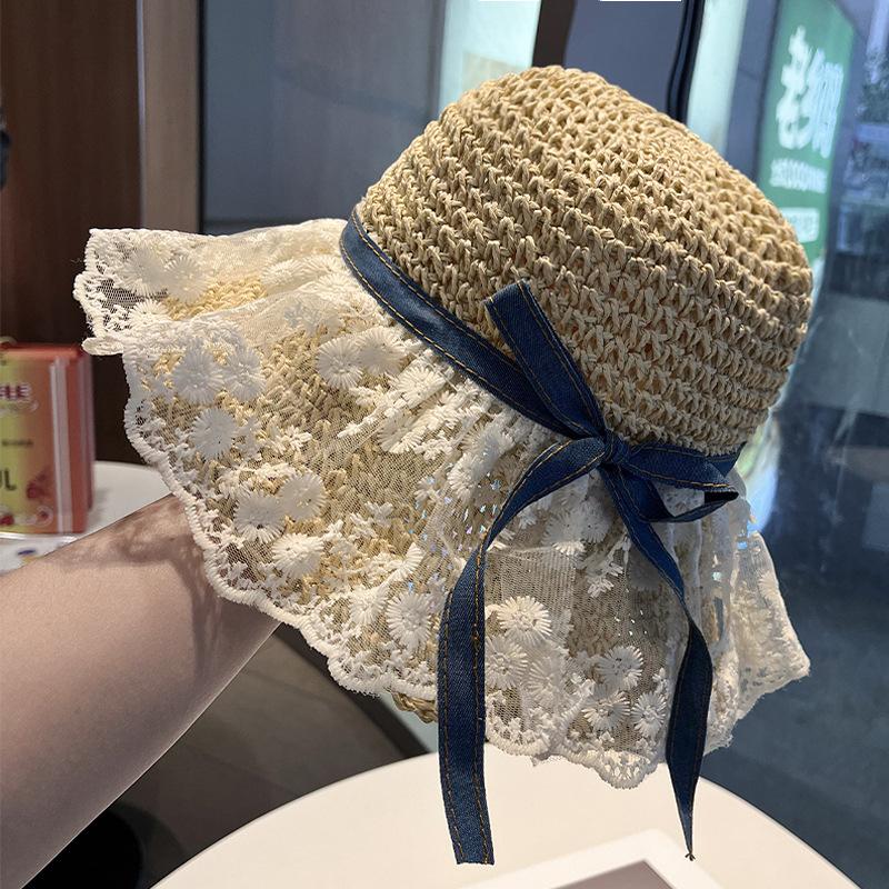 Summer atmosphere lace edge bow woven straw hat female sweet idyllic big brim sunshade sun protection hat