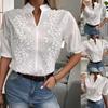 2023 Summer Women's Embroidered Stand-up Collar Top with Hollow-out Design and 5-Point Sleeves
