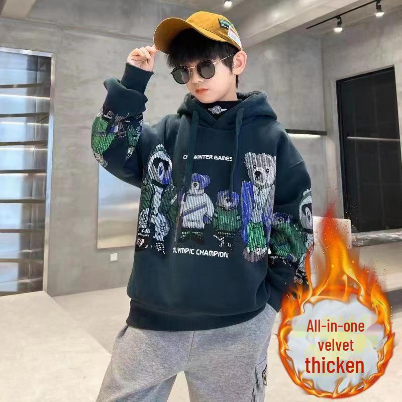 2024 Новая плюшевая толстовка с капюшоном для мальчиков: Плотная, стильная и теплая для детей среднего и крупного размера — идеально подходит для осенних и зимних видов спорта.