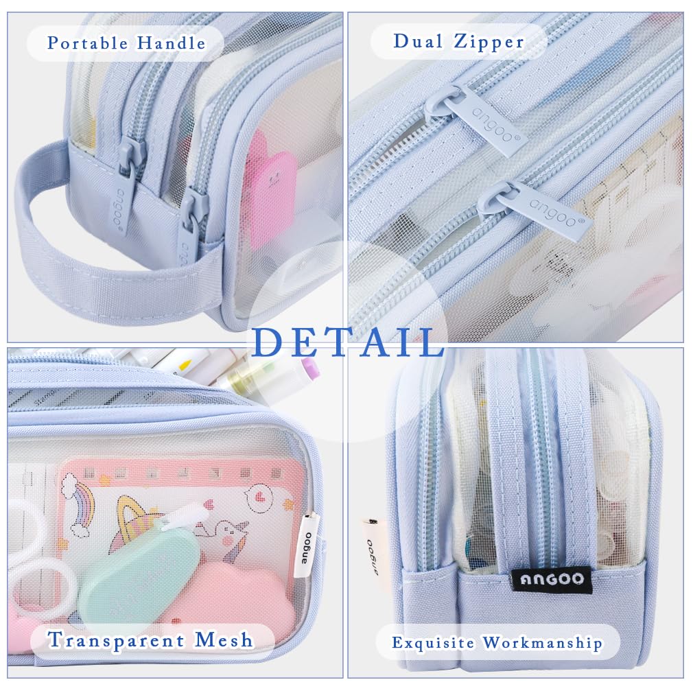 i Superb Triple Zipper Light Blue Pencil Case Large Capacity 3 Compartment Oxford Travel Organizer 21 x 5 9 cm