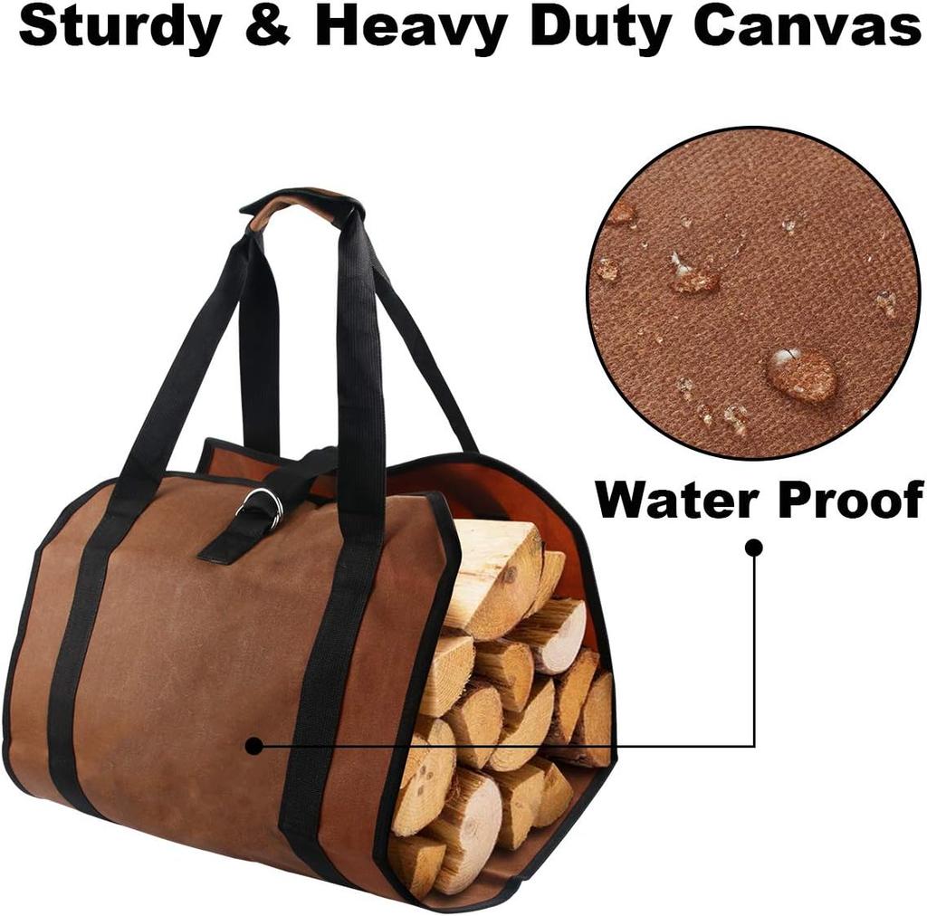 Heavy Duty Waxed Canvas Log Tote Bag Firewood Carrier with Handles for Fireplace Fire Pit Camping Wood Storage Holder