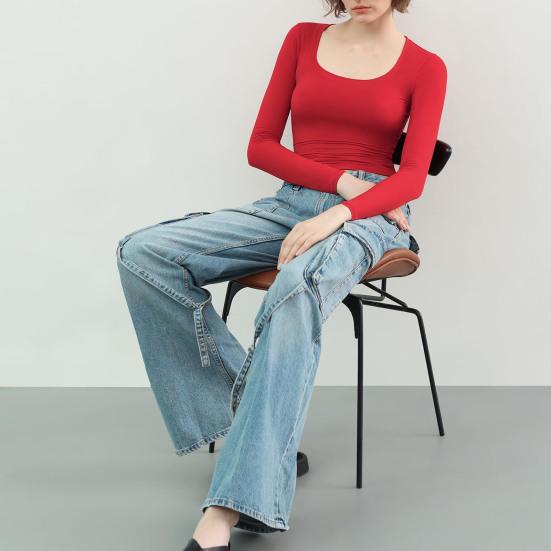 Женские топы с круглым вырезом, длинным рукавом, облегающие, однотонные, эластичные, стандартного кроя, универсальные блузки