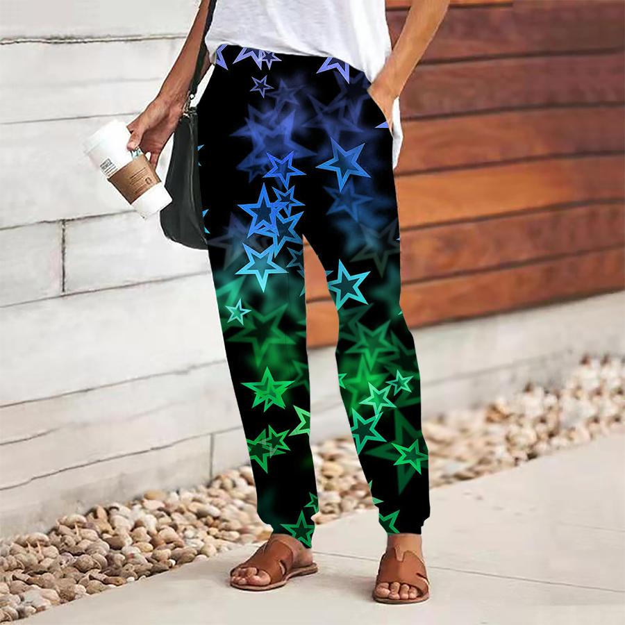 Women Pentagram Printing Pants Lace Up Elastic Waist Loose  Trousers Casual Long Pants Trousers with Pockets