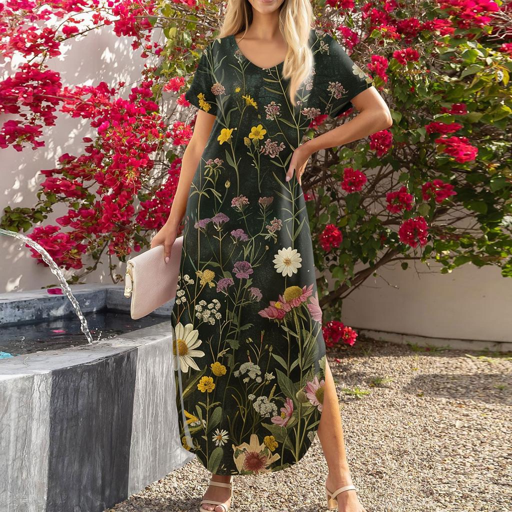 Женские летние повседневные свободные пляжные макси длинные платья с V-образным вырезом и короткими рукавами, модные наряды