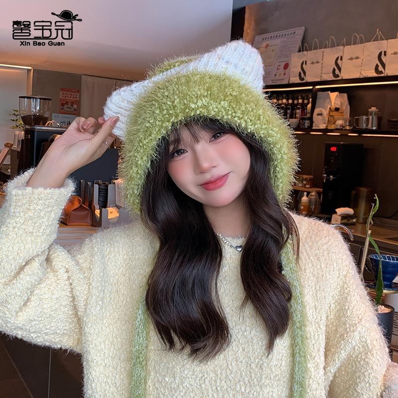 Плюшевая милая шапка с кошачьими ушками, женская зимняя теплая шапка-пуловер с защитой ушей, подчеркивающая лицо, маленькая, универсальная, модная вязаная шерстяная шапка