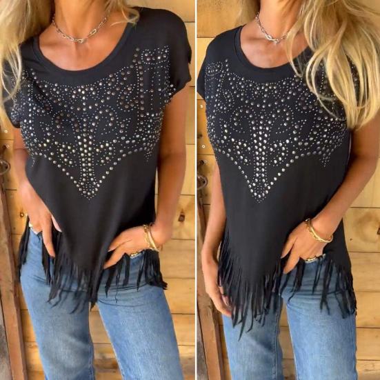 Women T-shirt Round Neck Short Sleeve Tee Shirt with Hot Rhinestones Printing Tassel Hem Solid Color Pullover Tops