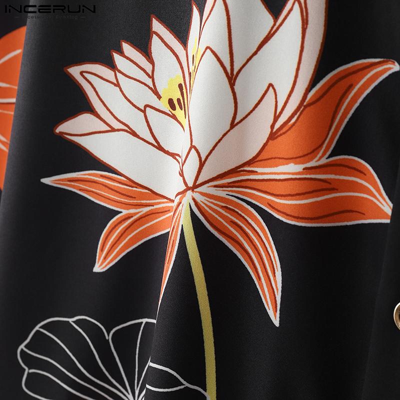 INCERUN Мужские повседневные рубашки оверсайз свободного кроя с лацканами и коротким рукавом с цветочным принтом