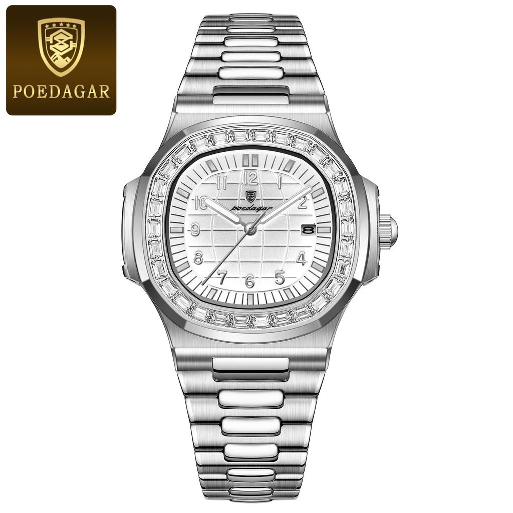 POEDAGAR Luxury Square Man Wristwatch Diamond Dial Luminous Waterproof Date Men Watch Stainless Steel Men's Quartz Watches Casual Male Clock