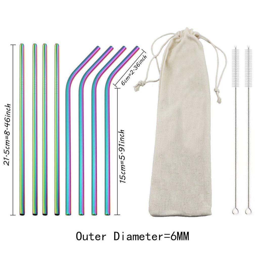 Набор трубочек для питья из нержавеющей стали цвета радуги, многоразовые металлические соломинки, соломинки для пузырькового чая, сока с чистящей щеткой