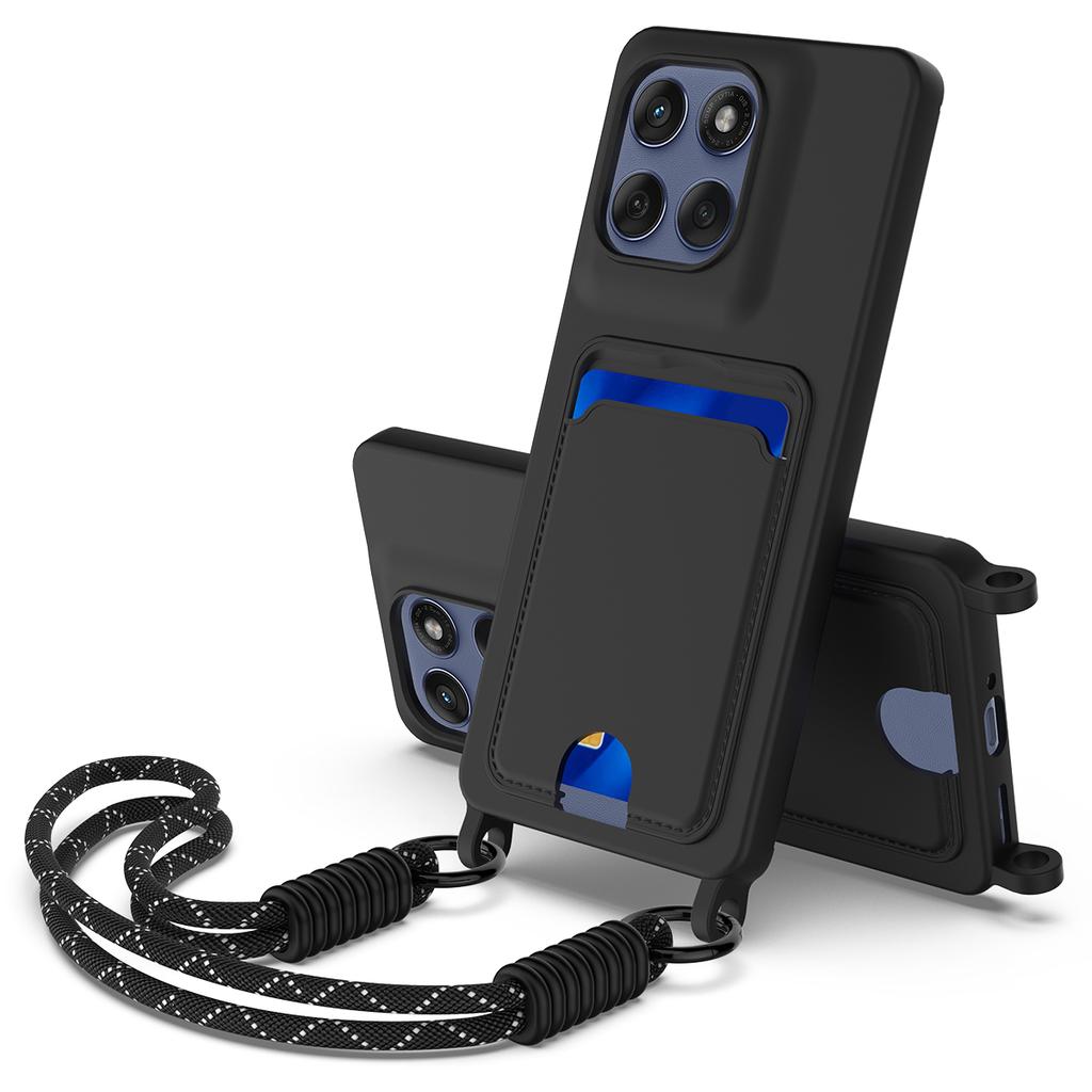 For Motorola Edge 60 Pro 5G Liquid Silicone Case Phone Back Cover with Card Holder and Short Strap