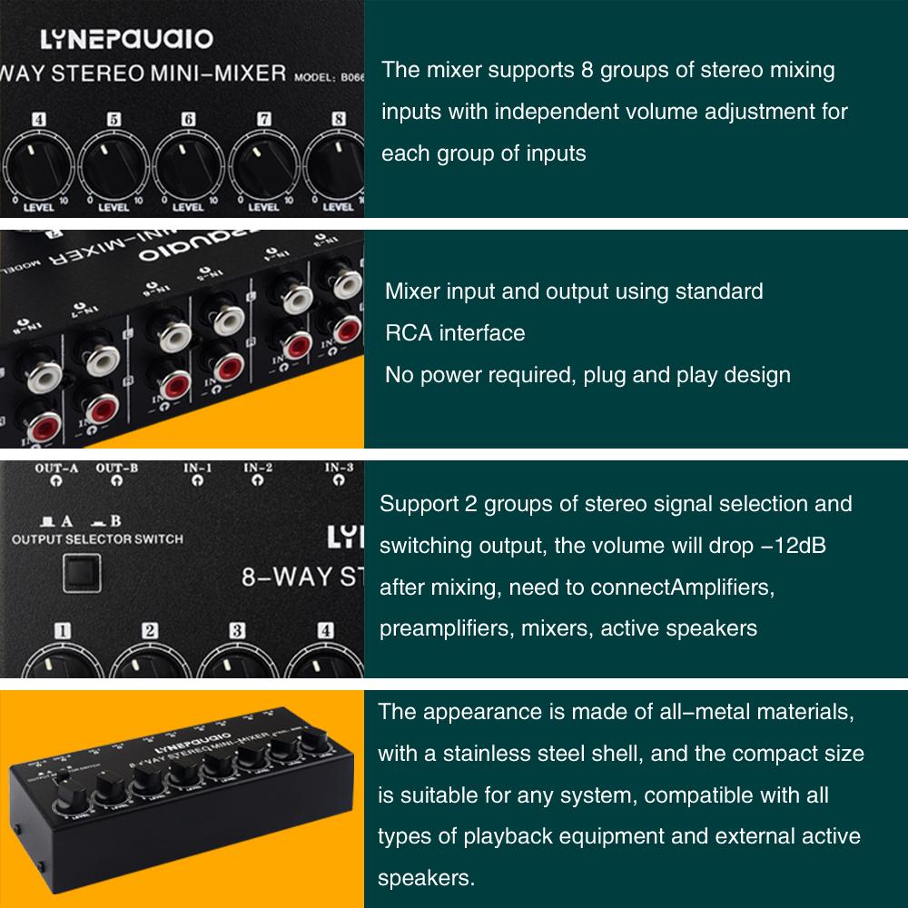 LYNEPAUAIO B066 Мини стерео 8-канальный пассивный микшер RCA Портативный аудиомикшер 8 в 2 выхода стерео
