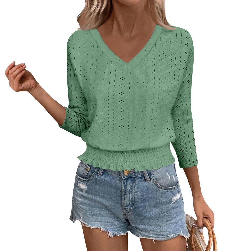2026 Spring/Summer V-Neck Jacquard Smocked 7-Sleeve T-Shirt - Chic Casual Top