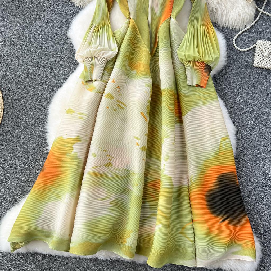 French Senior Temperament Luxury Dress Ladies 2024 Newest O-Neck Ruched Print Tie Dye Design Fashion Chic Long Dress