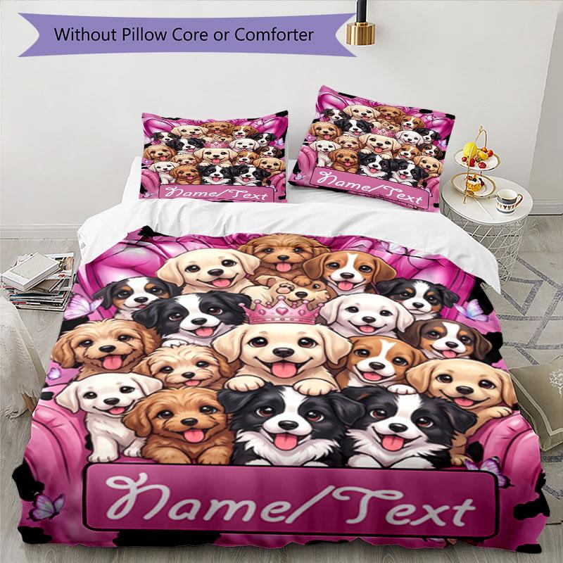3PC Custom Name Puppy Party Pink Bedding Set Printed Bedding Set Duvet Cover Closure Includes 1 Duvet Cover & 211 Pillowcases for Bedroom