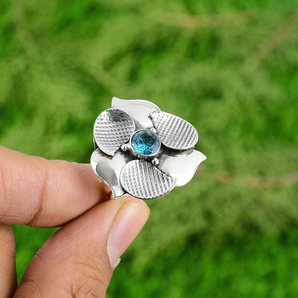 Gift For Her Natural Swiss Blue Topaz Promise Flower Adjustable Ring 925 Silver
