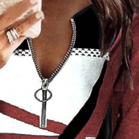 Long Sleeve Loose Women Blouse Soft Texture Zipper Neck Geometric Print Patchwork Top Clothing