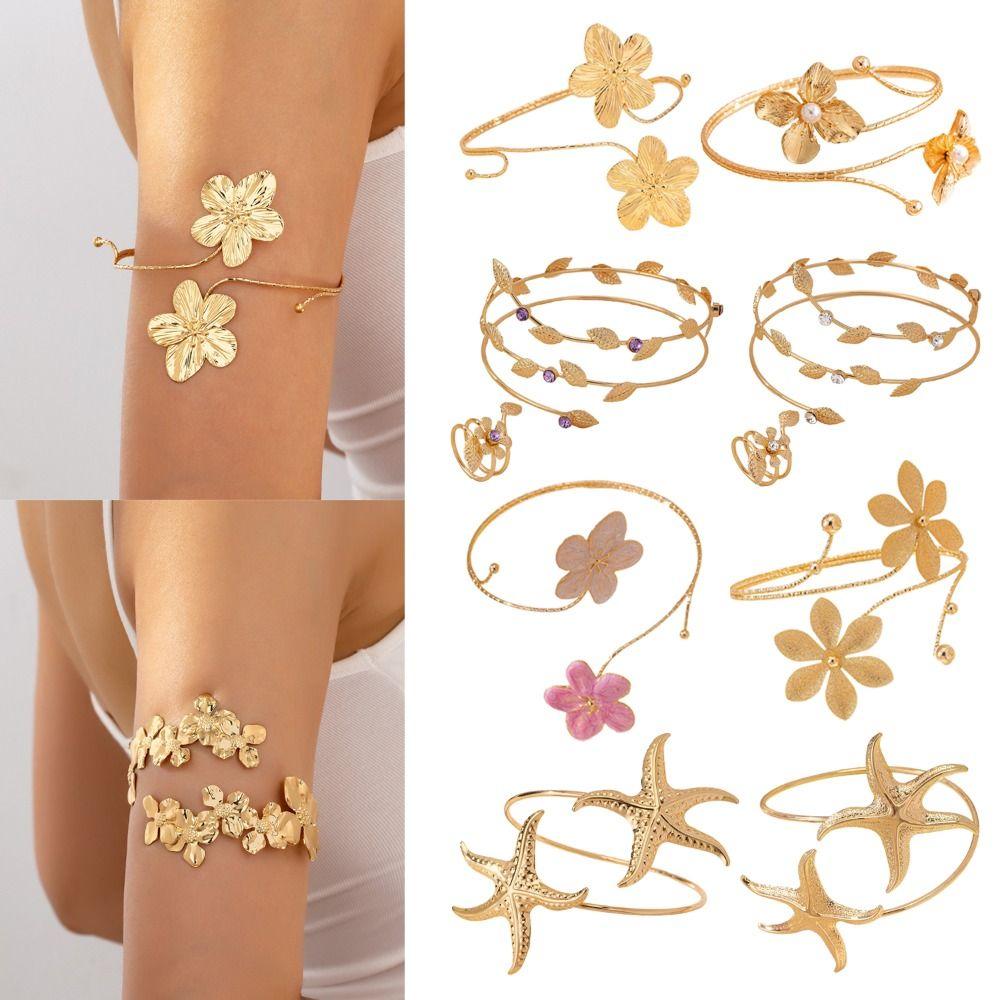 Metal Wide Open Bangle Multi Style Flower Bracelet Elegant Armlet Hand Jewelry